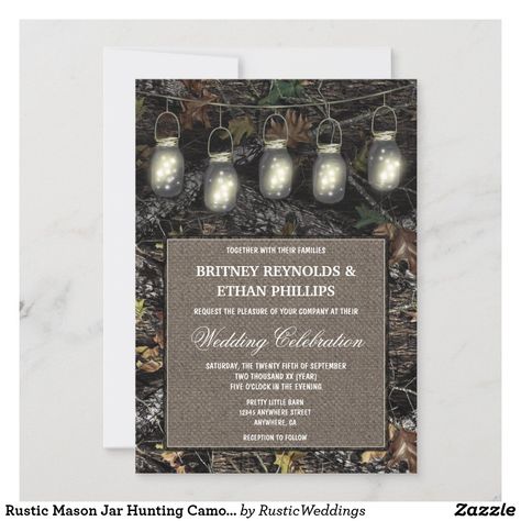 Rustic Mason Jar Hunting Camo Wedding Invitations Lighted Mason Jars, Camo Wedding Invitations, Camo Background, Camouflage Wedding, Hunting Wedding, Hunting Camouflage, Wedding Country, Camo Wedding, Rustic Mason Jars