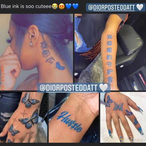 🤍𝑊𝑎𝑡𝑐ℎ 𝑀𝑦 𝑆𝑡𝑜𝑟𝑦💞 on Instagram: “Would you get someone’s name tatted on you?✍🏾🦋(𝑓𝑜𝑙𝑙𝑜𝑤 @diorposteddatt 𝑓𝑜𝑟 𝑚𝑜𝑟𝑒🤍)𝐶𝑙𝑖𝑐𝑘 𝑡ℎ𝑒 𝑙𝑖𝑛𝑘 𝑖𝑛 𝑚𝑦 𝑏𝑖𝑜 𝑡𝑜 𝑑𝑜𝑤𝑛𝑙𝑜𝑎𝑑💙” Black And Blue Tattoos For Women, Blue Ink On Dark Skin, Black And Blue Ink Tattoo, Dark Blue Ink Tattoo, Blue Ink Tattoos Black Women, Wrist Tattoos Words, Blue Ink Tattoos, Dark Skin Tattoo, Matching Best Friend Tattoos