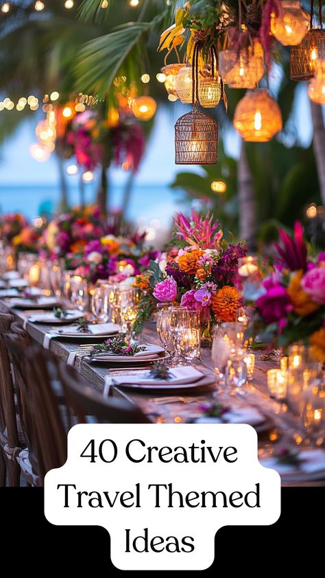 Creative travel-themed wedding ideas with destination-inspired décor and unique guest experiences to make your special day unforgettable. Personalized travel elements for an inspiring celebration. Love Is A Journey Wedding Theme, Destination Wedding Themes Color Schemes, Filipino Wedding Ideas, Destination Wedding Ideas Decorations, Unique Wedding Ideas Creative Decor, Travel Themed Wedding Decor, Destination Wedding Decor Ideas, Wedding Theme Ideas Unique, Travel Theme Wedding Centerpieces