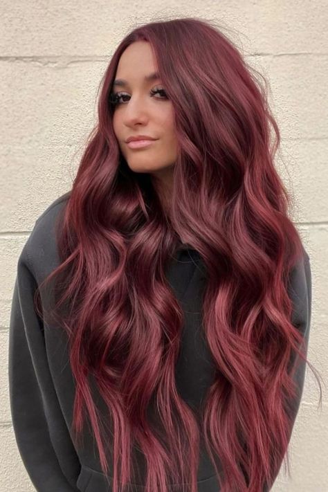 Long Deep Cherry Red Hair Fall Red Hair, Cherry Hair Colors, Red Hair Looks, Auburn Balayage, Body Wave Hair Extensions, Hair Color Guide, Maroon Hair, Hollywood Curls, Cherry Red Hair