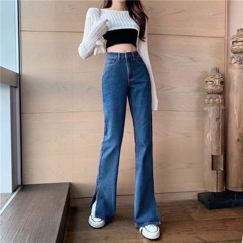 Split Jeans, Trendy Party Outfits, High Waisted Wide Leg Jeans, Korean Outfit Street Styles, Pants Streetwear, Cheap Jeans, Jeans Outfit Casual, Kawaii Fashion Outfits, 90s Fashion Outfits