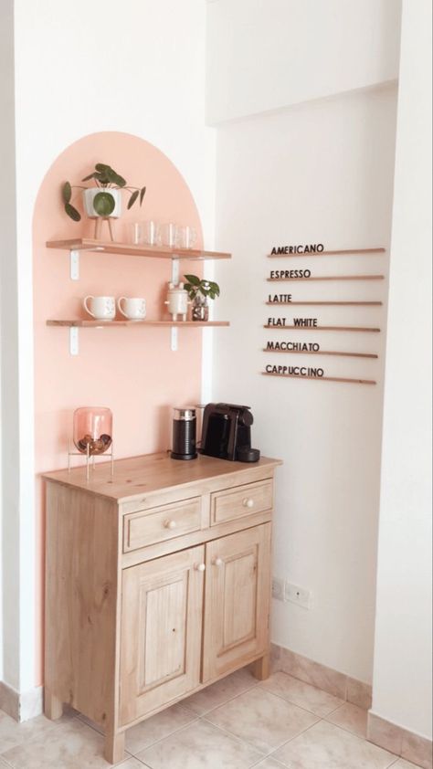 Tiny Coffee Nook Ideas, Coffee Wall Shelf, Painted Arch Coffee Bar, Salon Drink Station Ideas, Coffee Bar In Apartment, Cooffe Style Corner, Girly Coffee Bar, Salon Drink Station, Salon Coffee Station