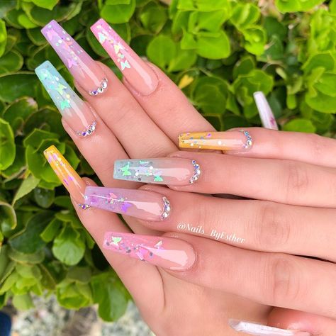 Nails By Esther on Instagram: “Freestyles are kinda cute tho 😉 Book on my profile by clicking book. #nailsoftheday #applevalley  #losangelesnails #lanails…” Rainbow Nails With Rhinestones, Neon Gel Nail Designs, Spring Sets, Encapsulated Nails, Sugar Pop, Butterfly Nails, Spring Acrylic Nails, Stylish Nails Designs, Cute Acrylic Nail Designs