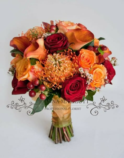 Red Orange Bridal Bouquet, Red Yellow And Orange Wedding, Orange And Red Wedding Theme, Autumn Bride Bouquet, Red And Orange Bouquet, Red And Orange Wedding Theme, Red Orange Bouquet, Bridal Bouquets Fall, Orange Rose Bridal Bouquet