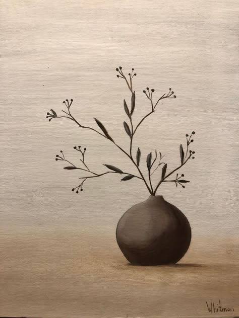 Brown vase with twig branches. Oil painting by Elena Whitman. Easy Brown Painting Ideas, Easy Vase Painting, Vase Painting Ideas Canvas, Flower Vase Art, Vase Watercolor, Vase Oil Painting, Roses Art, Brown Vase, Abstract Art Painting Techniques