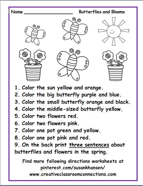 Free following directions worksheet featuring spring butterflies and flowers.  Find more free worksheets at pinterest.com/susankhansen/ or www.creative classroomconnections.com Follow The Directions Worksheet, Spring Worksheets For Kindergarten, Follow Directions Worksheet Free, Following Directions Worksheet, Follow Directions Worksheet, Directions Worksheet, Listening And Following Directions, Spring Worksheets, Following Directions Activities