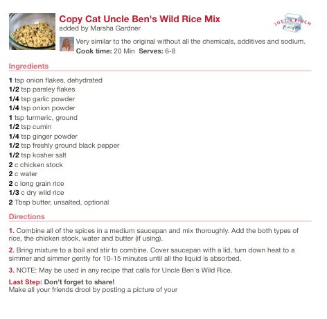 Uncle Bens Wild Rice Copycat, Homemade Uncle Bens Wild Rice, Uncle Bens Wild Rice Recipes, Brown Rice Recipes Easy, Food With Rice, Meals In A Bag, Long Grain And Wild Rice, Rice Recipes Easy, Homemade Seasoning Mixes