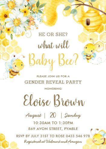 gender reveal invitations Floral Gender Reveal, Bee Themed Gender Reveal, Gender Reveal Pinata, Simple Gender Reveal, Gender Reveal Baby Shower Themes, Gender Reveal Invitations Template, Baby Gender Reveal Party Decorations, Honey Bee Baby Shower, Bee Gender Reveal