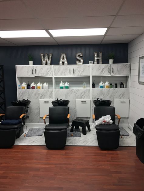 Tangles Hair Salon  Springfield Ohio  Wash Station  Metal Letters Wash Station Salon, Hair Salon Wash Station Ideas, Salon Wash Station Ideas, Hair Wash Station, Hair Stations, Wash Station, Beauty Room Salon, Esthetician Room Decor, Boutique Spa