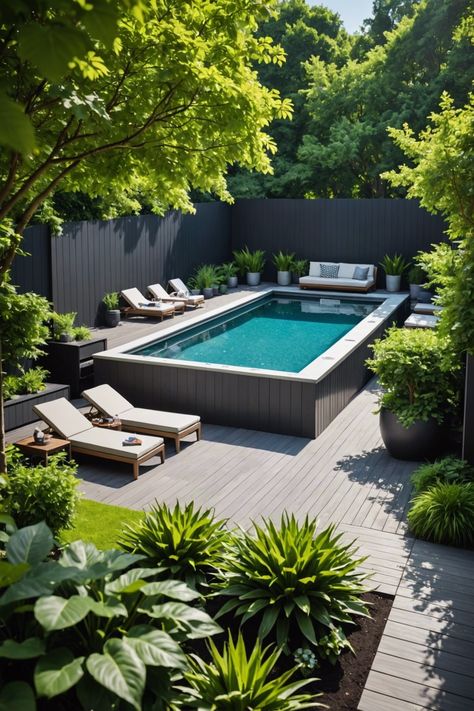 20 Perfect Small Pools For Small Yards - Toolz Geek Spa Pools For Small Yards, Plunge Pool Landscaping, Small Pool Area, Pool For Small Backyard, Small Backyard Pool Designs, Small Lap Pool, Plunge Pool Ideas Small Spaces, Small Pools For Small Yards, Pool Backyard Ideas