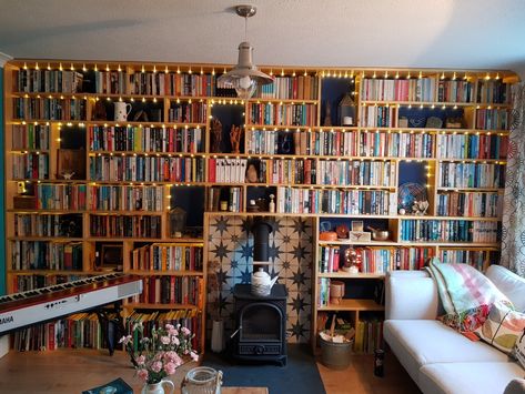 Shelves Around Wood Burning Stove, Wood Stove Built In Shelves, Bookshelves Around Woodstove, Wood Stove Bookshelves, Wood Stove With Bookshelves, Wood Stove Built In, Wooden Library Bookshelves, Library Wooden Shelves, Bookshelves Bedroom