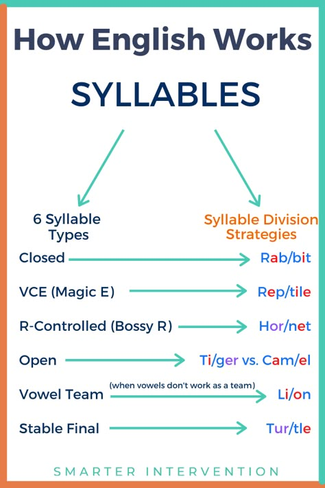 Teaching the 6 syllable types and syllable division patterns is a great way to support students' reading development. By bucketing phonics patterns into syllable types, it makes remembering all of these patterns easier! English Syllables, Syllables Worksheet, Teaching Spelling Rules, Phonetic Chart, 6 Syllable Types, How To Teach Phonics, Syllable Division Rules, Teaching Syllables, Multisensory Teaching