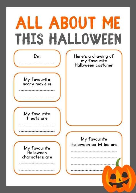 Fall About Me Worksheet, October Worksheets, Halloween Worksheets For Kids, Hallowen Crafts, Nanny Activities, 2nd Grade Class, All About Me Worksheet, English Grammar For Kids, Halloween Text