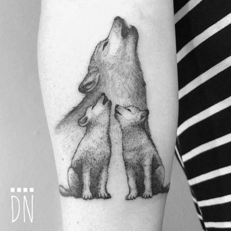 Howling wolf family tattoo on inner forearm Wolf Family Tattoo, Wolf Pack Tattoo, Wolf Tattoos For Women, Tattoos With Names, Cubs Tattoo, Wolf Family, Wolf Tattoo Sleeve, Dinosaur Tattoos, Bear Tattoos