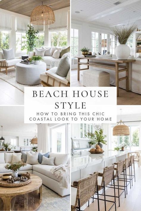 Beautiful beach house style decorating ideas to bring a touch of modern organic coastal style to your living room, bedroom, kitchen and home in 2024 - pure salt interiors Beach Style Lounge Rooms, Modern Beach Home Living Room, Modern Beach Interior Design Coastal Style, Cottage Beach House Living Room, Waterfront Home Decor, Coastal Farmhouse Furniture Living Rooms, Modern Beach House Living Room Ideas, Interior Summer House Ideas, Carolina Room Decorating Ideas