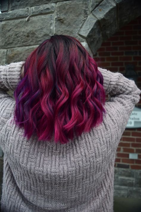 Burgundy To Purple Ombre Hair, Balayage Hair Bright Colors, Red Hair With Purple Streaks, Brown To Magenta Ombre Hair, Red And Purple Ombre Hair, Vibrant Color Hair, Magenta And Brown Hair, Magenta Hair Ombre, Vivid Ombre Hair