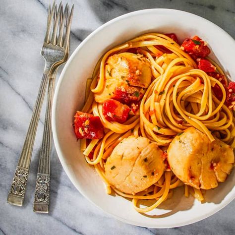 Scallops Fra Diavolo with Linguine | America's Test Kitchen Recipe Fra Diavolo Recipe, Fra Diavolo, Canned Tomatoes, Kitchen Logo, Raw Garlic, America's Test Kitchen Recipes, Sea Scallops, Kitchen Recipe, America's Test Kitchen