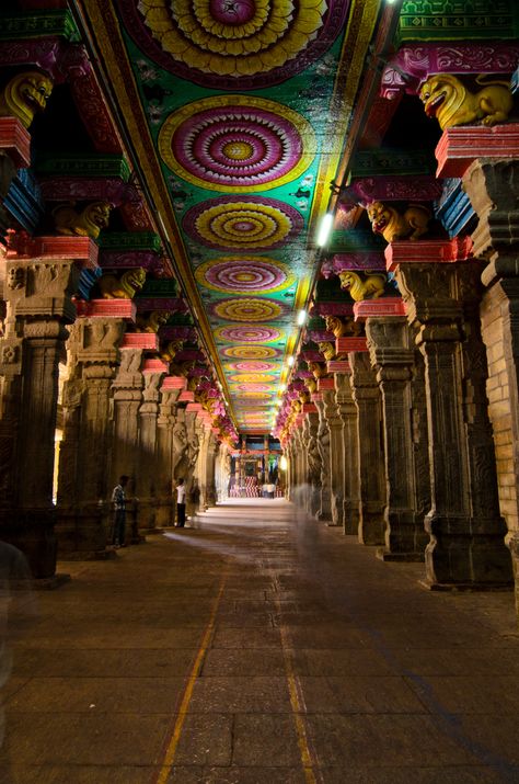 https://flic.kr/p/cGYCxb | Meenakshi Sundareswarar Temple | Historic Hindu temple located in the south side of river Vaigai in the temple city of Madurai, Tamil Nadu, India. It is dedicated to Parvati who is known as Meenakshi and her consort, Shiva named here as Sundareswarar(beautiful deity). The temple forms the heart and lifeline of the 2500 year old city of Madurai. The complex houses 14 gopurams(gateway towers) ranging from 45-50m in height, the tallest being the souther tower, 51.9 metres Meenakshi Sundareswarar, Tamil Literature, Indian Arch, Window Glass Design, New Seven Wonders, Temple India, Indian Temple Architecture, Temple City, Temple Photography