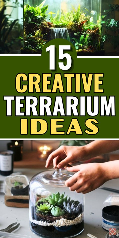 Looking for inspiration to create a stunning terrarium? Check out these 15 creative ideas, perfect for anyone passionate about indoor gardening. Whether you're assembling your first DIY terrarium or expanding your collection of succulent terrariums, you'll find these designs easy to follow and full of charm. Make a unique miniature garden in any glass container and watch your indoor space bloom. Save this pin to explore all these ideas and bring some green into your home! Tarerium Ideas, Terrarium Garden Ideas, Small Terrium Ideas, Terrarium Glass Container, What To Put In A Terrarium, Diy Tiny Terrarium, Cake Stand Terrarium, Terrarium Display Ideas, How To Start A Terrarium