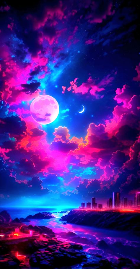 Neon Space Aesthetic Wallpaper, Pretty Wallpapers Backgrounds Aesthetic, Neon Space, Cosmic Background, Purple Galaxy Wallpaper, Motion Wallpapers, Moonlight Painting, Beautiful Scenery Photography, Iphone Wallpaper Video