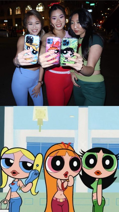 Powerpuff girls as teenagers cute simple Y2K 90’s style for last minute Halloween costume for group of 3 girls. Bubbles, Blossom, Buttercup Halloween Costumes Ppg, Buttercup Powerpuff Outfit Ideas, Costume For 3 Girls Friends, Buttercup Powerpuff Halloween Costume, Powerpuff Girls Costume Black Women, Simple Trio Costumes, Powerpuff Girls Costume College, Halloween Costumes Power Puff, Bubbles Outfit Powerpuff