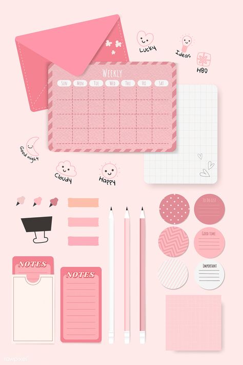 Pink stationery planner set vector | premium image by rawpixel.com / Chayanit #vector #vectorart Cute Pink Office, Pink Office Supplies, Pink Notepad, Stickers Cool, Colorful Stationery, Memo Paper, Planner Notepad, Planner Stationery, Planner Set