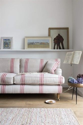 Pink Stripe Sofa, Sofa With Slipcover, Cottage Sofa Ideas, Pinstripe Couch, Ticking Sofa, Striped Sofas, Sofa In Kitchen, Pink Sofa Living Room, Country Style Sofas