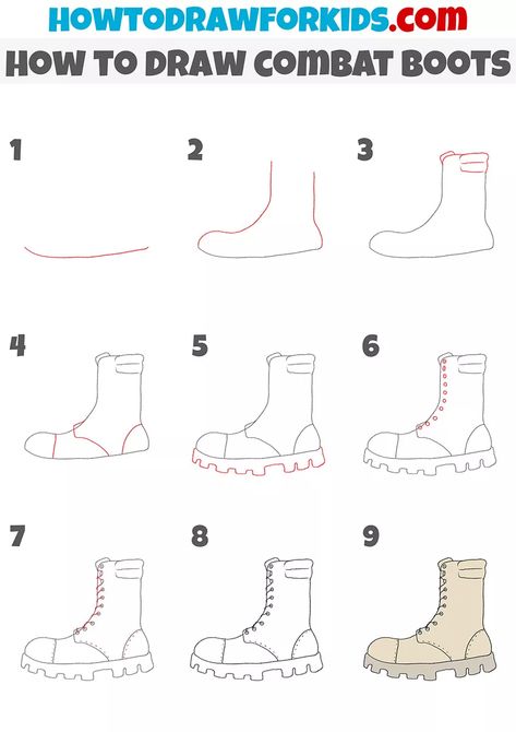 How To Draw Combat Boots Step By Step, Drawing Combat Boots, How To Draw Boots Step By Step, How To Draw Combat Boots, Army Boots Drawing, Combat Boots Drawing Reference, How To Draw Boots, Alaska Doodles, Combat Boots Drawing