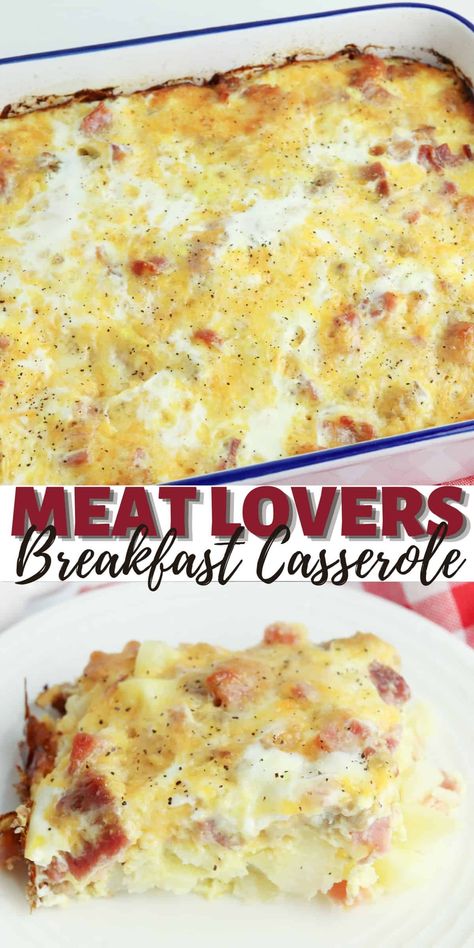 Meat Lovers Breakfast Casserole | Dine Dream Discover 3 Meat Breakfast Casserole, Ham And Sausage Breakfast Casserole, Sausage Bacon Ham Egg Casserole, Peameal Bacon Recipes Breakfast, Ham And Bacon Breakfast Casserole, Sausage And Bacon Breakfast Casserole, Meat Lovers Breakfast Casserole, Leftover Breakfast Sausage Recipes, Meaty Breakfast Casserole