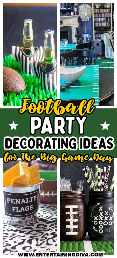 Football Party Decorating Ideas (For The Best Super Bowl Party Ever!) Iron Bowl Party Ideas, Super Bowl Decorations Ideas, Football Team Dinner Ideas, Football Party Ideas Decorations, Football Decorations Party, Football Game Decorations, Diy Football Party Decorations, Party Decor For Adults, Football Theme Party Decorations