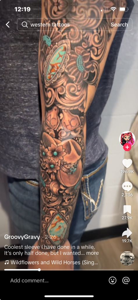 Womens Sleeve Tattoo Ideas Western, Western Women’s Sleeve Tattoos, Leather Tooling Tattoo Ideas, Forearm Western Tattoo, Tattoo Ideas Female Western Sleeve, Turquoise Bracelet Tattoo, Women Western Sleeve Tattoo, Aztec Finger Tattoo, Top Arm Sleeve Tattoo Women