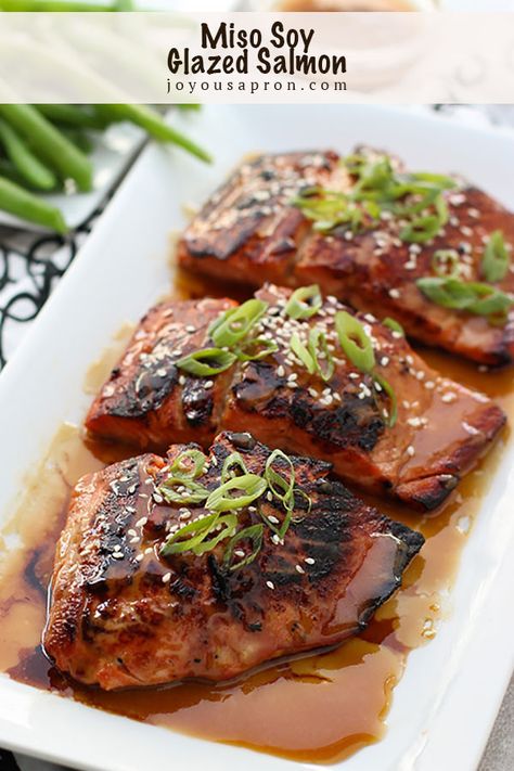 Miso Soy Glazed Pan-fried Salmon - easy and healthy seafood dish with Asian inspired flavors! Salmon is topped with a sticky, savory and sweet miso soy glaze with an umami flavor. This fish recipe takes less than 30 minutes and so yummy! #miso #salmon #asian #Japanese #fish #seafood #recipe #dinner #healthy #joyousapron Seafood Glaze, Dill Salmon Recipes, Soy Glazed Salmon, Miso Salmon Recipe, Soy Glaze, Miso Glazed Salmon, Rice And Veggies, Delicious Salmon Recipes, Miso Salmon