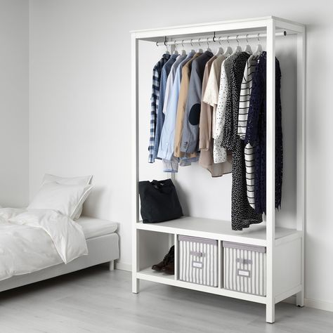 HEMNES Open wardrobe, white stained, 47 1/4x19 5/8x77 1/2" - IKEA Ikea Hemnes Shoe Cabinet, Small Bedroom Storage, Open Wardrobe, Portable Wardrobe, Wardrobe Organisation, Open Closet, Ikea Hemnes, Wardrobe Storage, White Stain