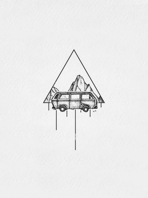 Van Tattoo Camper, Small Camper Tattoo, Hippy Van Tattoo, Vw Camper Tattoo, Camper Tattoo Ideas, Minimal Travel Tattoo, Mountain Geometric Tattoo, Vw Tattoo Ideas, Van Life Tattoo