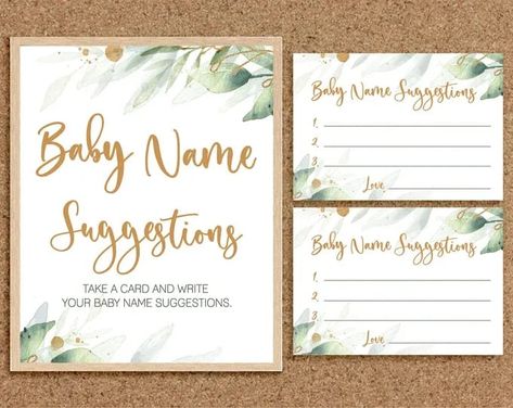 These GREENERY BABY SHOWER themed Baby Name Suggestions Sign and Cards are a silly and sweet Baby Shower activity. Place them around during the Shower and watch guests have fun leaving their fun, silly or sweet names for the new baby/babies. Easy for you, fun for them! Just Download, Print, Cut! DONE! #babyshowergames Baby Name Suggestion Sign, Name Suggestions Baby Shower Ideas, Lil Nugget, Baby Name Ideas, Baby Shower Games Coed, Baby Shower Activity, Coed Baby Shower, Name Suggestions, Maternity Pics