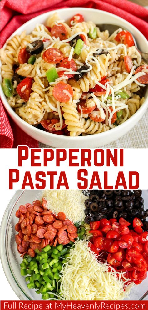 Pepperoni Pasta Salad Recipe- easy cold pasta salad with pepperonis. summer side dish pasta salad. Easy bbq potluck side dish to bring. Tricolor Pasta Salad, Pasta Salad With Pepperoni, Easy Cold Pasta, Salad With Pepperoni, Pepperoni Pasta Salad, Easy Cold Pasta Salad, Pasta Salad Easy, Pepperoni Pasta, Bbq Potluck