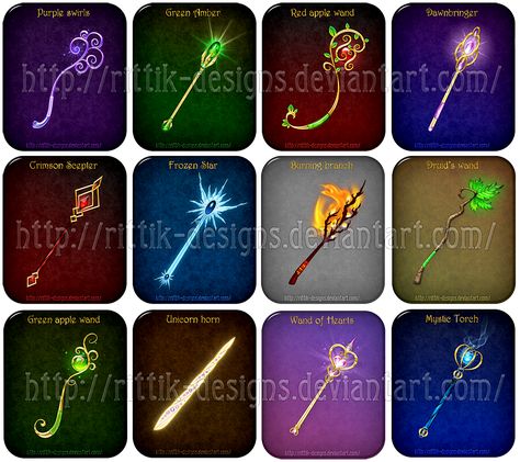 deviantART magic items Designs | Magic wands and scepters (set 1) by Rittik-Designs Rittik Designs, Anime Jewellery, Piskel Art, Elemental Magic, Magic Items, Anime Jewelry, Fantasy Props, Purple Swirl, Magical Jewelry