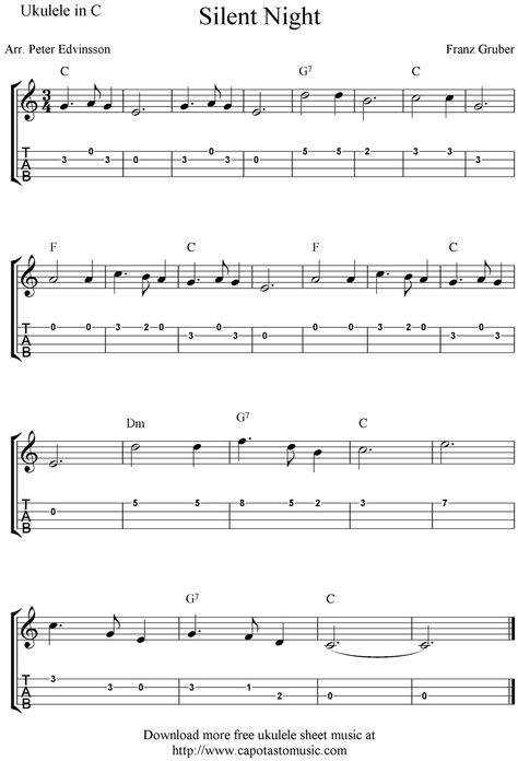 ✓"Silent Night" Ukulele Sheet Music - Free Printable Ukulele Sheet Music, Ukulele Fingerpicking Songs, Christmas Ukulele, Ukulele Tabs Songs, Ukulele Fingerpicking, Ukulele Songs Beginner, Ukulele Tuning, Easy Ukulele Songs, Banjo Music