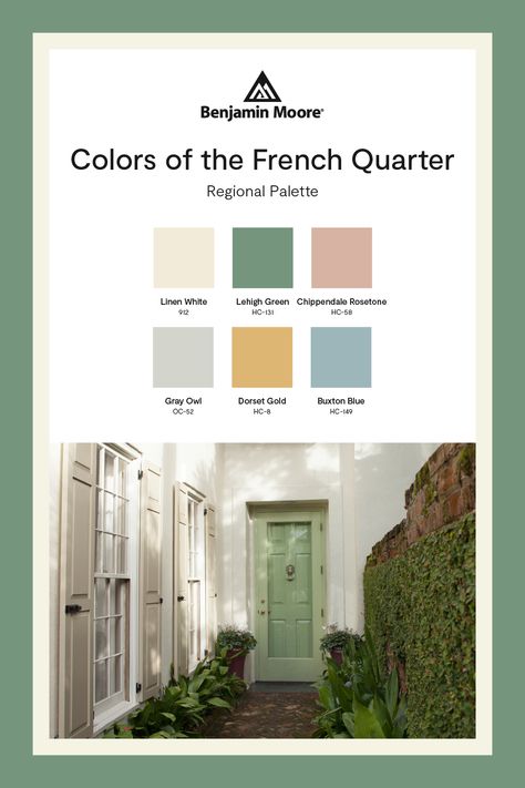 French Quarter Kitchen, French Country House Exterior Paint Colors, French Colonial Paint Colors, New Orleans Aesthetic Kitchen, New Orleans House Colors, Parisian Style Color Palette, French Quarter Interior Design, French Quarter Gold Benjamin Moore, New Orleans Exterior Paint Colors