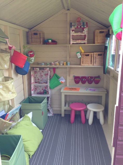 Small Wendy House Ideas, Play House Ideas Interior, Summer House Playroom, Outdoor Playhouse Makeover Interior, Inside Wendy House Ideas, Inside Outdoor Playhouse Ideas, Garden Playhouse Interior, Wendy House Ideas Interior, Wendy House Interior