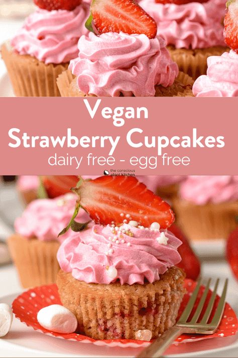 Vegan Strawberry Cupcakes Vegan Strawberry Cupcakes, Strawberry Cupcake Recipe, Strawberry Cupcake Recipes, Vegan Vanilla Cupcakes, Cake Mix Cupcakes, Vegan Chocolate Cupcakes, Vegan Frosting, Strawberry Cupcake, Vegan Gluten Free Desserts