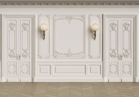 Classic Wall Design, Studio Background Ideas, Modern Classic Living Room, Kursi Bar, Neoclassical Interior, Wall Panel Design, Fabric Wall Art, Classic Wall, Wall Molding