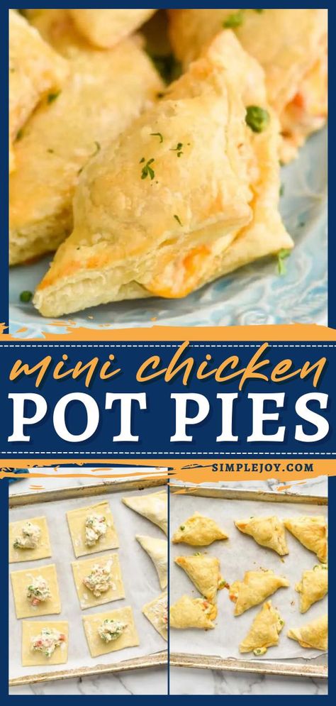 Mini Chicken Pot Pies, comfort food, family dinner ideas for tonight Mini Chicken Pot Pies With Crescent Rolls, Chicken Pot Pie Turnovers Easy, Chicken Pot Pie Pockets Easy, Chicken Pot Pie Hand Pies Puff Pastries, Chicken Pot Pie Calzone, Chicken Pot Pie Braid, Chicken Pot Pie Appetizers, Handheld Chicken Pot Pie, Puffed Pastry Dinner Recipes