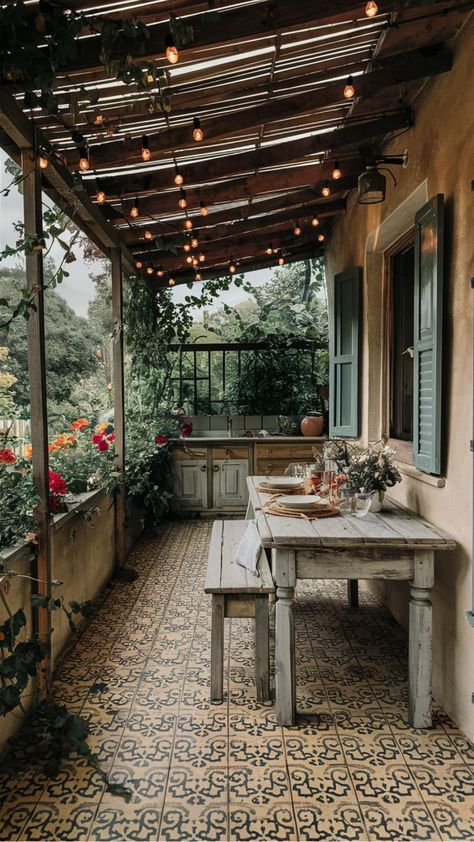 Discover beautiful rustic patio decor ideas to create the perfect outdoor retreat in your backyard. Transform your space with charming and cozy rustic patio furniture, lighting, and accessories. Embrace the natural elements and create a serene atmosphere for al fresco entertaining or simply relaxing in style. Whether you love vintage pieces, wooden accents, or earthy tones, there are endless possibilities to personalize your rustic patio oasis. Earthy Home Exterior, Rustic Patio Ideas, Rustic Patio Furniture, Patio Oasis, Patio Decor Ideas, Rustic Patio, Earthy Home, Southwest Design, Outdoor Retreat