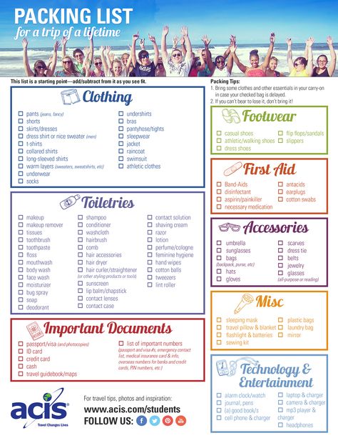 Sample Packing List | ACIS Educational Tours Ef Tours Packing Lists, Malta Packing List, Dr Vacation, High School Study, Ef Tours, Packing List Template, Study Tour, Travel Packing Checklist, Vacation Packing List