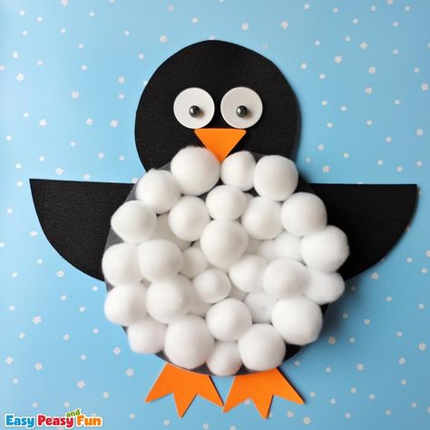 Pengui craft for kids to make, use cotton balls or tissue paper to make this fun winter craft with your little ones Cotton Work On Paper, Cotton Balls Crafts, Cotton Activities For Kids, Cotton Ball Crafts For Kids, Craft With Cotton, Cotton Ball Snowman, Cotton Activity, Cotton Ball Crafts, Button Crafts For Kids