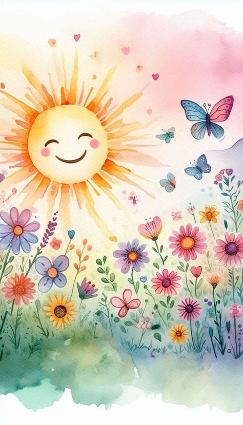 Ipad Wallpaper Backgrounds, Joy Illustration, Kids Room Artwork, Fluttering Butterflies, Smiling Sun, Nursery Paintings, Vibrant Watercolor, Calming Atmosphere, Inspire Creativity