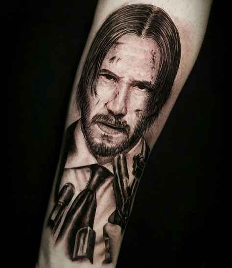 Keanu Reeves Tattoo Ideas, Keanu Reeves Tattoo, John Wick Portrait, Portrait Tattoo Ideas, John Wick Tattoo, Superhero Cosplay, Baba Yaga, Family Tattoos, Ink Ideas