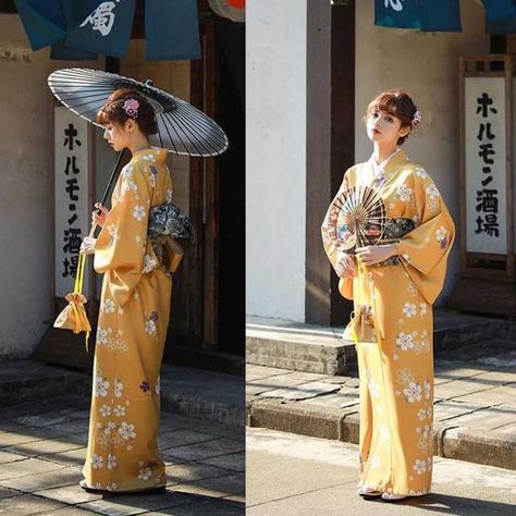 The color of the pants will not give up Spring Kimono Japan, Yellow Kimono Outfit Summer, Historical Japanese Kimono, Japanese Traditional Costume, Yellow Kimono Traditional, Yellow Kimono Outfit, Yellow Yukata, Japanese Festival Outfit, Japanese Yukata Women