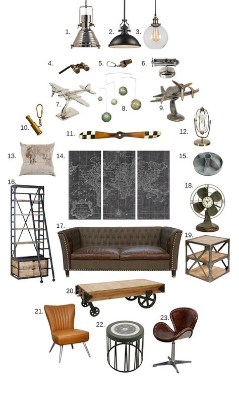 Get This Look: Amelia Earhart’s Industrial Aviation Style Aviation Office Ideas, Aviation Themed Home Office, Aviation Theme Living Room, Aviator Decor Interior Design, Pilot Bedroom Ideas, Vintage Aviation Decor, Steampunk Living Room, Airplane Living Room Decor, Aviation Bedroom